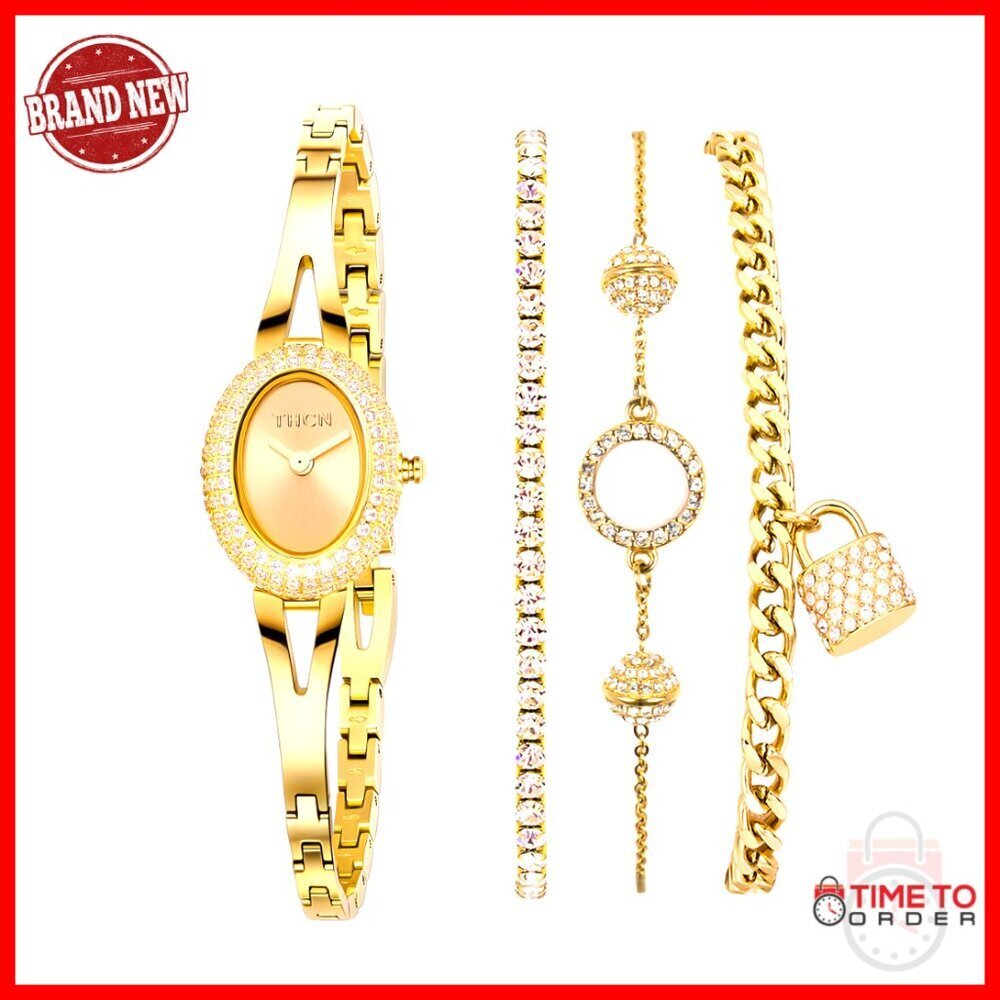 Gold Plated Watch Bracelet Set Stainless Steel Crystal Bezel Adjustable